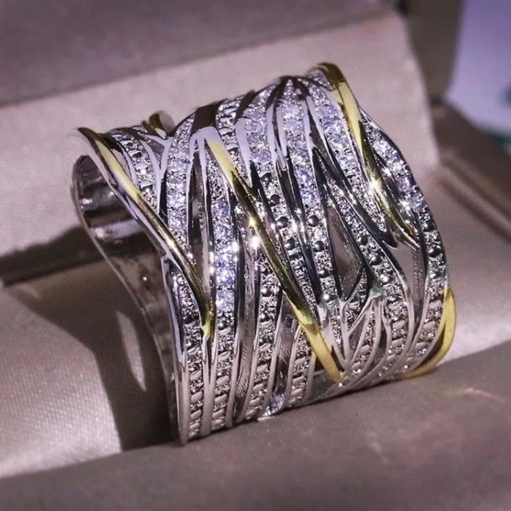 NEW TWO TONE 925 STERLING SILVER DIAMOND RING - Picture 5 of 8